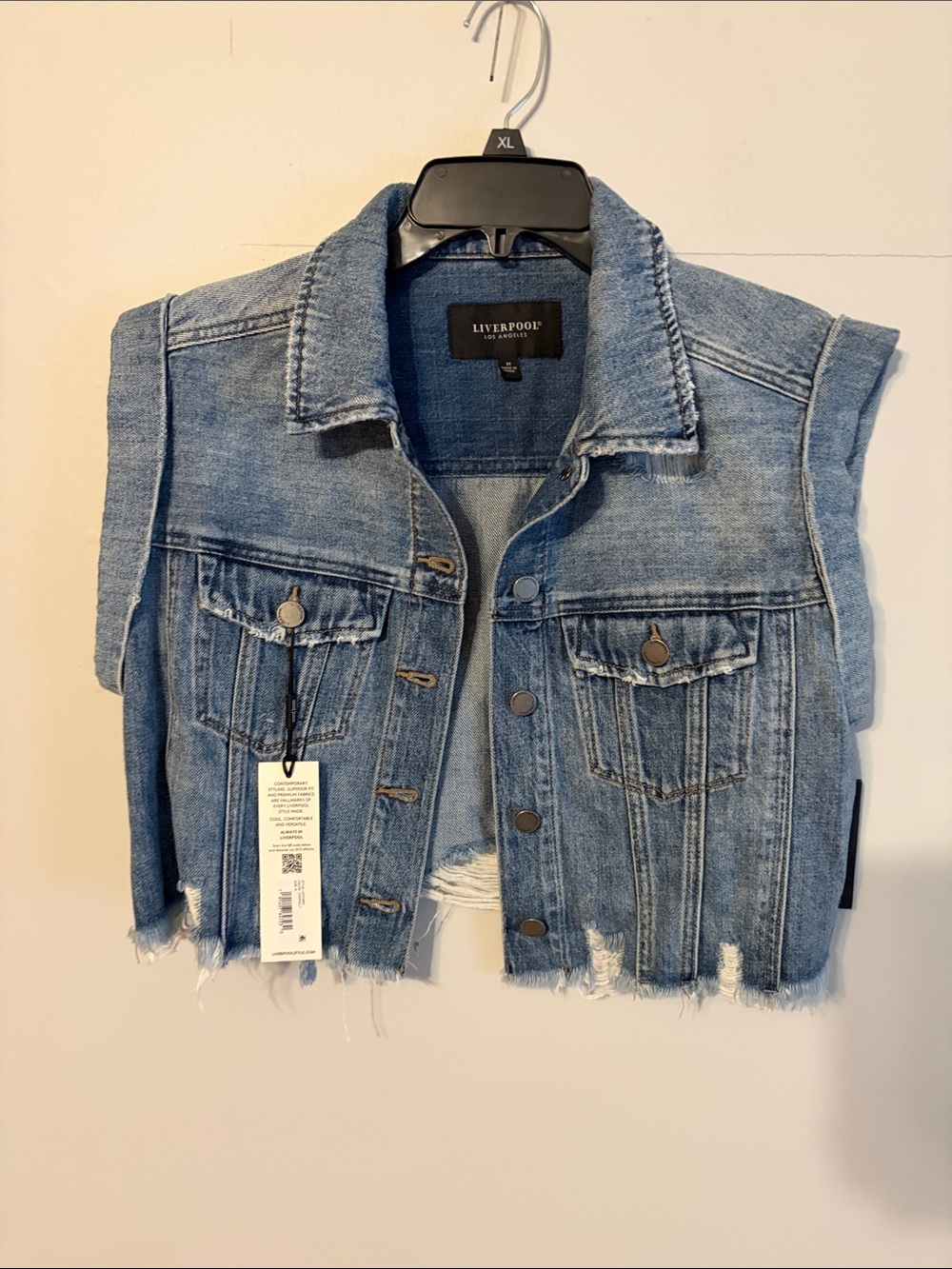 Liverpool Blue Distressed Cropped Denim sleeveless Vest. Med. NWT.